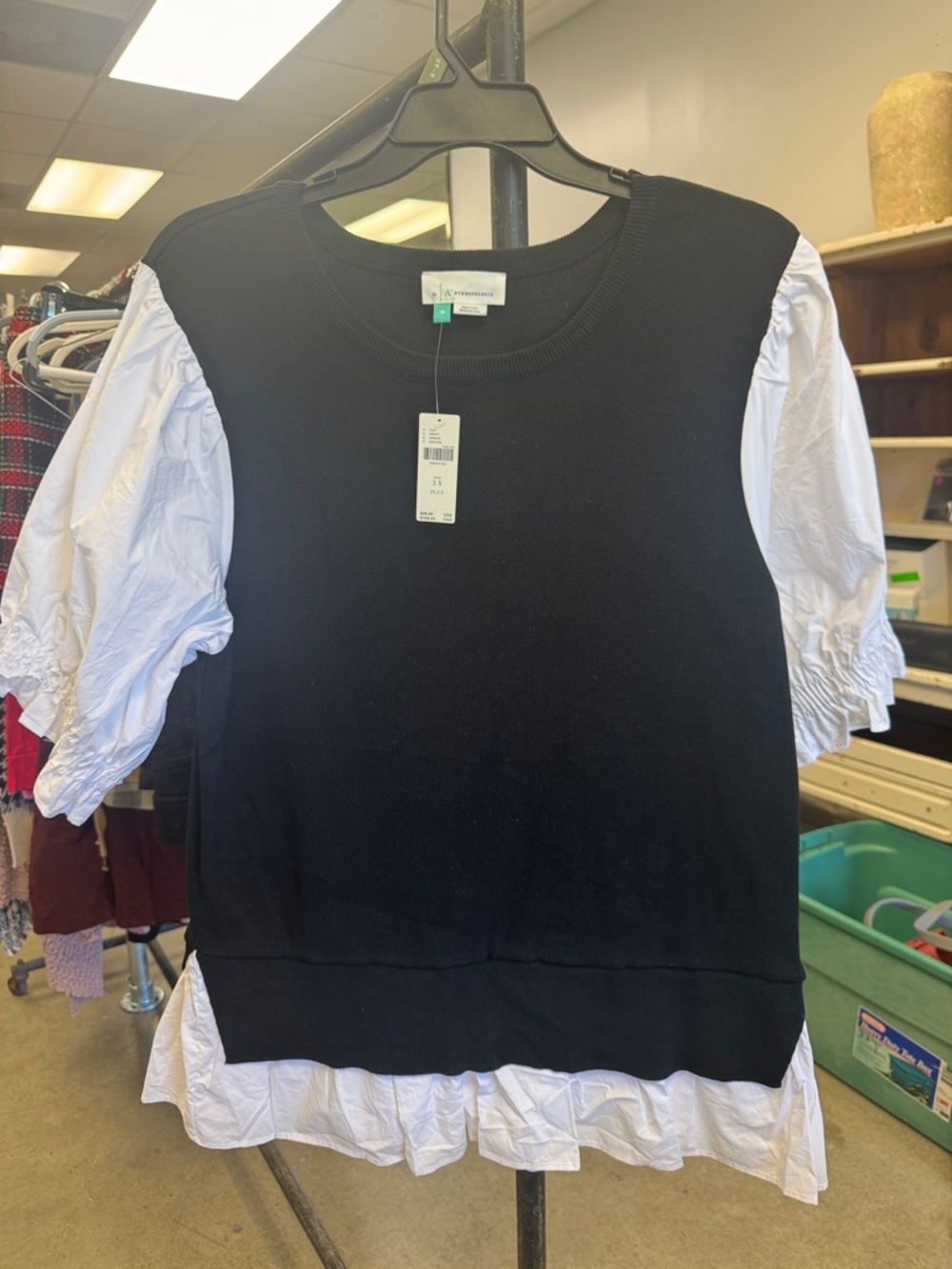 Anthropologie Black Knit Pullover with White Puff Sleeve Blouse Detail